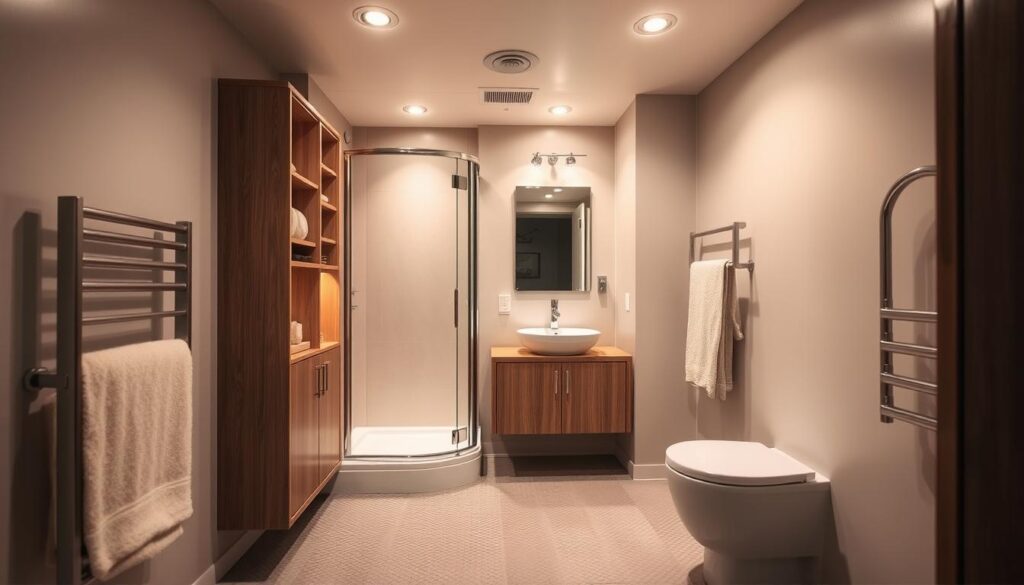 a well-organized small bathroom with multi-functional furniture, including a floating vanity with built-in storage, a corner shower with glass enclosure, and a wall-mounted towel rack. the room is illuminated by warm, diffused lighting from recessed ceiling fixtures, creating a cozy and inviting atmosphere. the walls are finished in a soothing neutral tone, complemented by textured tile flooring in a contrasting color. the overall design prioritizes efficient use of space and seamless integration of practical elements, resulting in a visually harmonious and functional bathroom environment.