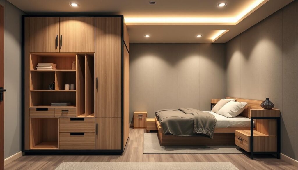 multi-functional furniture, a modern bedroom with a sleek, minimalist design. In the foreground, a multi-purpose storage unit with shelves, drawers, and hidden compartments, offering ample storage for a small space. In the middle ground, a convertible bed-sofa combination, allowing for flexible use of the room. The furniture is crafted from a combination of light-colored wood and matte black metal, creating a harmonious and visually appealing aesthetic. Soft, diffused lighting from recessed ceiling fixtures illuminates the scene, casting a warm, cozy atmosphere. The background features a neutral-toned wall, complementing the minimalist design and allowing the functional furniture to take center stage.