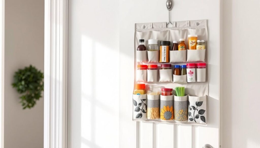 A beautifully designed, high-quality over-the-door organizer for efficient kitchen storage. The organizer features multiple compartments and pockets of varying sizes, allowing for optimal organization of spices, small jars, and other kitchen essentials. Crafted from durable, lightweight materials, the organizer is easy to install and blends seamlessly with the kitchen's décor. Soft, natural lighting illuminates the organizer, highlighting its clean, minimalist aesthetic. The camera captures the organizer at a slight angle, showcasing its practical and visually appealing design. The background is a crisp, white wall, ensuring the organizer is the primary focus of the image.