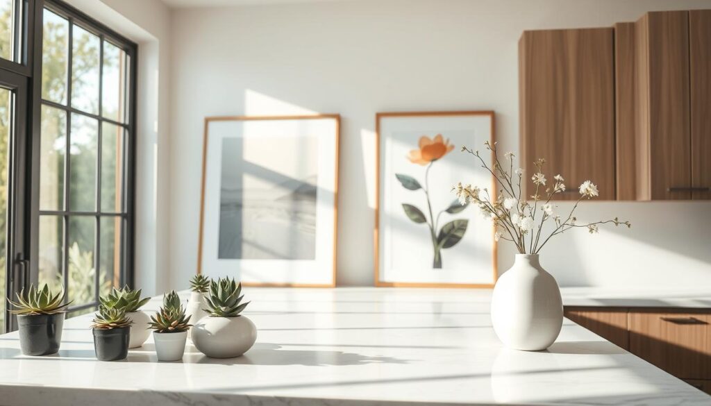 A beautifully lit kitchen countertop with an elegant display of framed artwork and minimalist botanical prints. The light streams in through large windows, casting a warm, natural glow over the scene. In the foreground, a collection of potted succulents and a sleek ceramic vase with fresh flowers add pops of greenery and color. The middle ground features two expertly curated framed prints, one an abstract landscape and the other a bold, contemporary design. The background showcases the clean, white marble countertop and subtle wood cabinets, creating a serene and inviting ambiance. The overall composition is balanced and visually appealing, reflecting a thoughtful and stylish approach to kitchen decor.