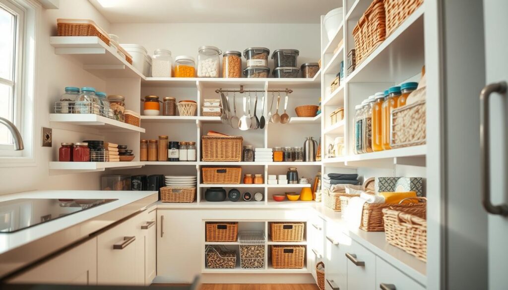 A bright, airy kitchen pantry with neatly organized shelves showcasing various food items and storage solutions. The shelves are lined with clear containers, labeled jars, and wicker baskets, creating a visually appealing and functional display. The pantry is bathed in warm, natural light, casting a soft glow on the meticulously arranged contents. In the foreground, a pull-out drawer reveals additional storage space, while the middle ground features a hanging rod for spice jars or utensils. The background subtly suggests the larger kitchen context, hinting at the overall space-saving efforts. The entire scene exudes a sense of order, efficiency, and a harmonious blend of form and function. A bright, airy kitchen pantry with neatly organized shelves showcasing various food items and storage solutions. The shelves are lined with clear containers, labeled jars, and wicker baskets, creating a visually appealing and functional display. The pantry is bathed in warm, natural light, casting a soft glow on the meticulously arranged contents. In the foreground, a pull-out drawer reveals additional storage space, while the middle ground features a hanging rod for spice jars or utensils. The background subtly suggests the larger kitchen context, hinting at the overall space-saving efforts. The entire scene exudes a sense of order, efficiency, and a harmonious blend of form and function.