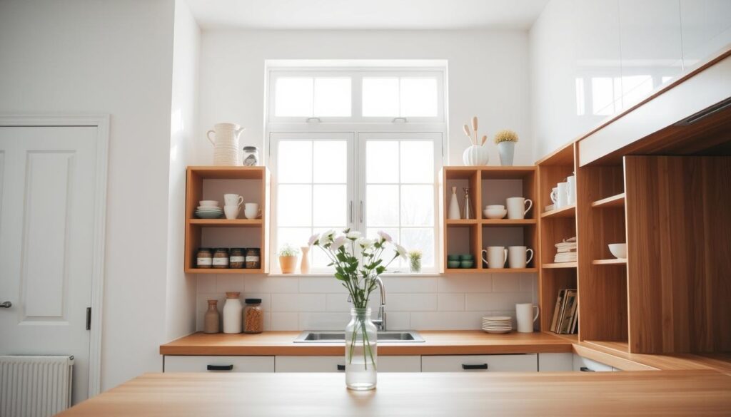 A bright, airy kitchen with a clean, minimalist aesthetic. In the foreground, an open wooden shelving unit displays neatly organized kitchen items - ceramic mugs, jars of spices, and a few decorative accents. The middle ground features a wooden countertop with a simple vase of fresh flowers. The background showcases a window that lets in natural light, creating a warm, inviting atmosphere. The lighting is soft and diffused, highlighting the textures and colors of the various elements. The camera angle is slightly elevated, capturing the entire shelving unit and a portion of the countertop, offering a clear view of the decluttered, organized space. A bright, airy kitchen with a clean, minimalist aesthetic. In the foreground, an open wooden shelving unit displays neatly organized kitchen items - ceramic mugs, jars of spices, and a few decorative accents. The middle ground features a wooden countertop with a simple vase of fresh flowers. The background showcases a window that lets in natural light, creating a warm, inviting atmosphere. The lighting is soft and diffused, highlighting the textures and colors of the various elements. The camera angle is slightly elevated, capturing the entire shelving unit and a portion of the countertop, offering a clear view of the decluttered, organized space.