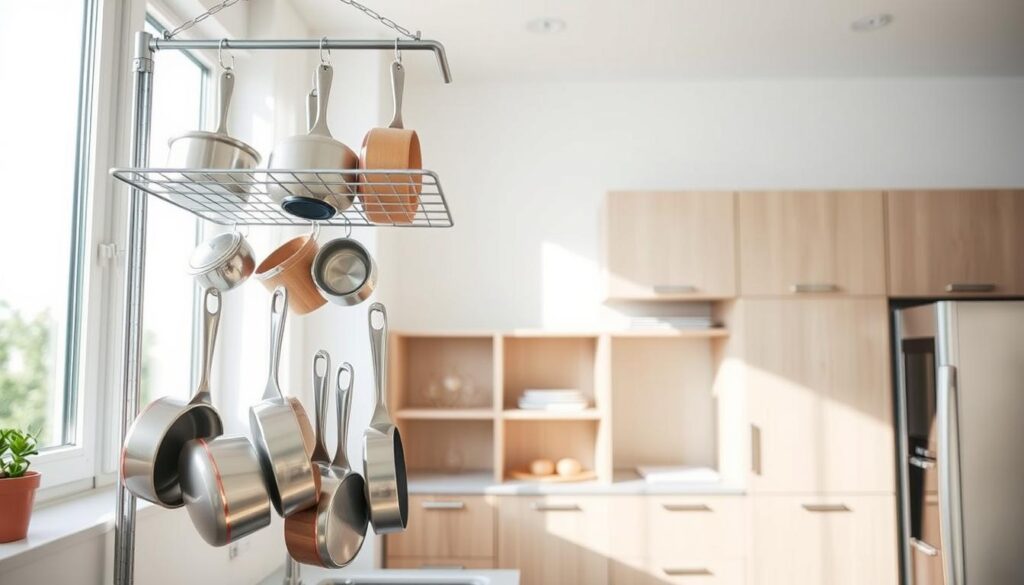 A bright, airy kitchen with a sleek, modern design. In the foreground, various pots and pans neatly hang from a sturdy, metal rack mounted on the wall, creating a visually appealing and efficient storage solution. The middle ground showcases a minimalist kitchen cabinet in a light wood tone, with well-organized shelves and compartments for additional storage. The background features a large window, allowing natural light to flood the space and creating a warm, inviting atmosphere. The overall scene conveys a sense of practicality and style, perfectly capturing the essence of "Hang Pots and Pans for Space Savings" in a small kitchen. A bright, airy kitchen with a sleek, modern design. In the foreground, various pots and pans neatly hang from a sturdy, metal rack mounted on the wall, creating a visually appealing and efficient storage solution. The middle ground showcases a minimalist kitchen cabinet in a light wood tone, with well-organized shelves and compartments for additional storage. The background features a large window, allowing natural light to flood the space and creating a warm, inviting atmosphere. The overall scene conveys a sense of practicality and style, perfectly capturing the essence of "Hang Pots and Pans for Space Savings" in a small kitchen.