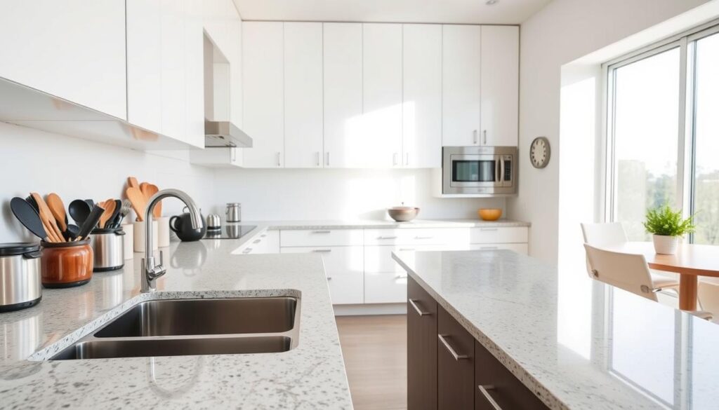 A bright, modern one-wall kitchen with abundant counter space. In the foreground, a sleek granite countertop extends along the length of the wall, complemented by a minimalist stainless steel sink and high-arc faucet. On the countertop, various kitchen tools and utensils are neatly arranged, creating a sense of organized efficiency. The middle ground features tall, white cabinets that maximize vertical storage, their clean lines and soft lighting accentuating the airy, open feel of the space. In the background, a large window floods the kitchen with natural light, casting a warm, inviting glow over the entire scene. A bright, modern one-wall kitchen with abundant counter space. In the foreground, a sleek granite countertop extends along the length of the wall, complemented by a minimalist stainless steel sink and high-arc faucet. On the countertop, various kitchen tools and utensils are neatly arranged, creating a sense of organized efficiency. The middle ground features tall, white cabinets that maximize vertical storage, their clean lines and soft lighting accentuating the airy, open feel of the space. In the background, a large window floods the kitchen with natural light, casting a warm, inviting glow over the entire scene.