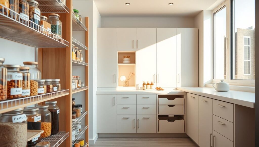A bright, well-lit kitchen pantry with organized labeling systems. In the foreground, various glass jars and containers neatly arranged on wood and wire shelving, each labeled with clear text detailing their contents. In the middle ground, sleek, modular storage units in neutral tones, featuring pull-out drawers and labeled dividers. The background showcases a minimalist, Scandinavian-inspired design with natural lighting streaming through large windows, casting a warm glow over the space. The overall mood is one of efficiency, simplicity, and calm organization, reflecting the needs of a small but well-curated kitchen.