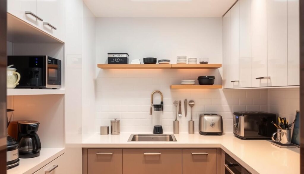 A brightly lit small kitchen with sleek, modern storage solutions. In the foreground, neatly organized shelves and cabinets showcase various small appliances like a coffee maker, blender, and toaster. The middle ground features a minimalist countertop with a few strategic accessories, while the background showcases a clean, white subway tile backsplash. Subtle, warm lighting creates a welcoming atmosphere, and the entire scene is captured from a slightly elevated angle to emphasize the efficient use of space.
