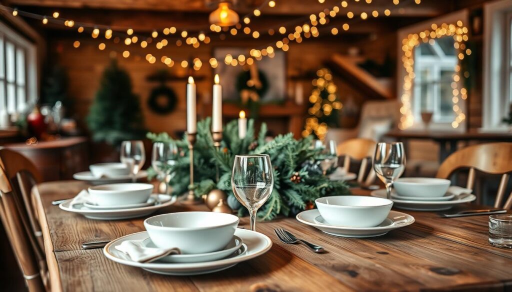 A charming holiday table setting with a rustic, cozy ambiance. In the foreground, a wooden table is adorned with a lush, evergreen centerpiece, candles, and delicate gold accents. In the middle ground, elegant place settings feature porcelain plates, linen napkins, and gleaming silverware. The background showcases a warm, intimate space with string lights draped across the ceiling, casting a soft, inviting glow. The overall scene evokes a sense of festive elegance, perfect for a small kitchen Christmas gathering.