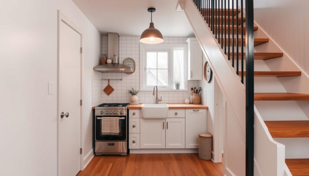 A cozy and efficient kitchen tucked under a sleek staircase, its compact design maximizing every inch of available space. Warm hardwood floors, crisp white cabinetry, and a light-filled window create a welcoming atmosphere. A compact stove, a farmhouse sink, and carefully curated decor elements add charming touches. Soft, diffused lighting from a pendant fixture casts a gentle glow, while the staircase's geometric lines provide an architectural focal point. The entire scene is captured with a wide-angle lens to showcase the clever use of the nook, showcasing a harmonious blend of form and function.