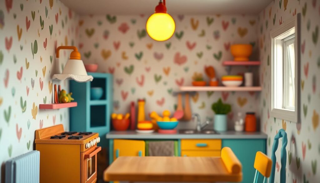 A cozy and inviting Toca Boca-themed mini kitchen, filled with whimsical decor and playful details. In the foreground, a miniature stove, sink, and cabinets in vibrant primary colors. Hanging above, a row of cheerful, rounded light fixtures cast a warm, ambient glow. In the middle ground, an assortment of colorful kitchen accessories, including a mixing bowl, utensils, and a tiny apron. The background features a pastel-toned wallpaper with a playful, organic pattern, creating a sense of depth and character. Soft, diffused lighting from the side illuminates the scene, highlighting the charming, handcrafted aesthetic. The overall atmosphere is one of imagination, creativity, and a touch of nostalgic wonder, perfectly suited for personalizing a young cook's dream space. A cozy and inviting Toca Boca-themed mini kitchen, filled with whimsical decor and playful details. In the foreground, a miniature stove, sink, and cabinets in vibrant primary colors. Hanging above, a row of cheerful, rounded light fixtures cast a warm, ambient glow. In the middle ground, an assortment of colorful kitchen accessories, including a mixing bowl, utensils, and a tiny apron. The background features a pastel-toned wallpaper with a playful, organic pattern, creating a sense of depth and character. Soft, diffused lighting from the side illuminates the scene, highlighting the charming, handcrafted aesthetic. The overall atmosphere is one of imagination, creativity, and a touch of nostalgic wonder, perfectly suited for personalizing a young cook's dream space.