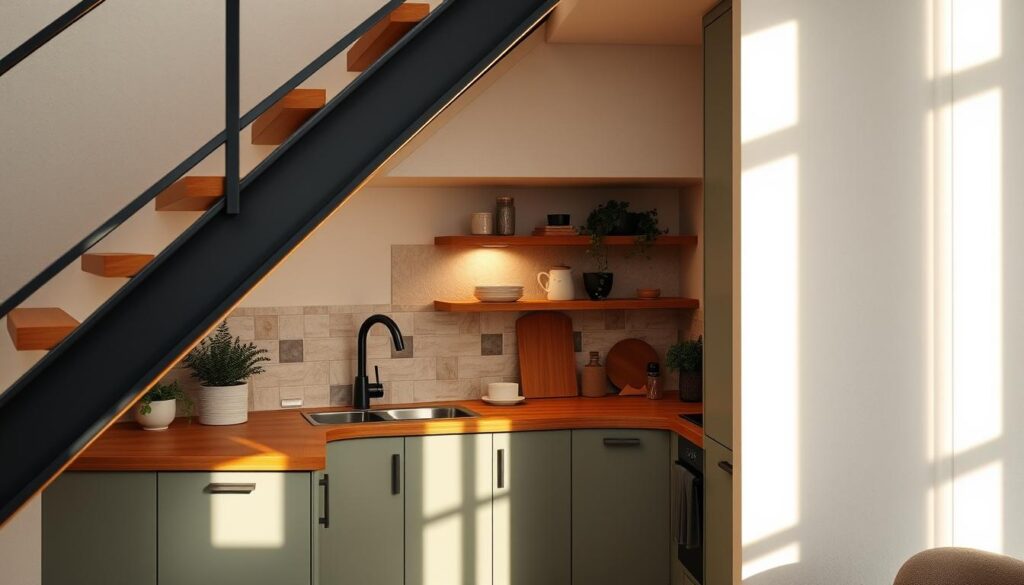 A cozy and inviting compact kitchen nestled under a staircase, featuring a harmonious color scheme of warm earthy tones. The countertops are a rich, natural wood, complemented by sleek, minimalist cabinetry in a soft, muted green. Subtle lighting fixtures cast a gentle glow, accentuating the textural details of the space. The backsplash is a combination of neutral tiles, adding depth and visual interest. Potted plants and subtle decor elements lend a touch of nature, blending the functional and the aesthetic. The staircase above casts dramatic shadows, creating a sense of depth and architectural intrigue. The overall atmosphere is one of stylish efficiency, where form and function seamlessly intertwine.