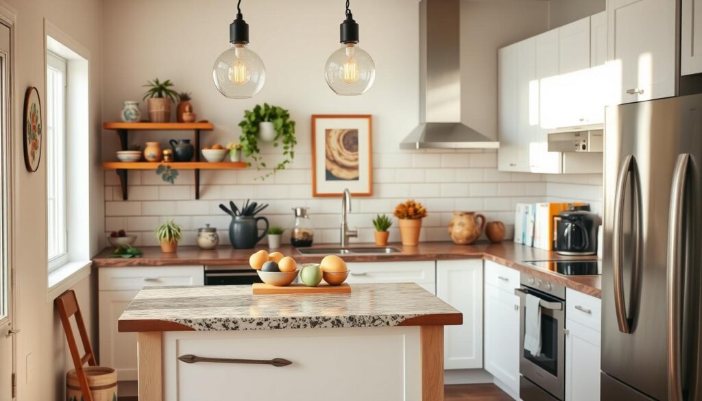 A cozy and inviting single wall kitchen with a warm, natural aesthetic. The foreground features a quaint wooden kitchen island with a granite countertop, accented by a vintage-inspired pendant light. In the middle ground, a collection of potted plants, handcrafted ceramics, and a framed piece of artwork add personal touches that reflect the homeowner's style. The background showcases a neutral-toned subway tile backsplash, complemented by sleek white cabinetry and stainless steel appliances. The overall scene is bathed in soft, natural lighting, creating a harmonious and inviting atmosphere. A cozy and inviting single wall kitchen with a warm, natural aesthetic. The foreground features a quaint wooden kitchen island with a granite countertop, accented by a vintage-inspired pendant light. In the middle ground, a collection of potted plants, handcrafted ceramics, and a framed piece of artwork add personal touches that reflect the homeowner's style. The background showcases a neutral-toned subway tile backsplash, complemented by sleek white cabinetry and stainless steel appliances. The overall scene is bathed in soft, natural lighting, creating a harmonious and inviting atmosphere.