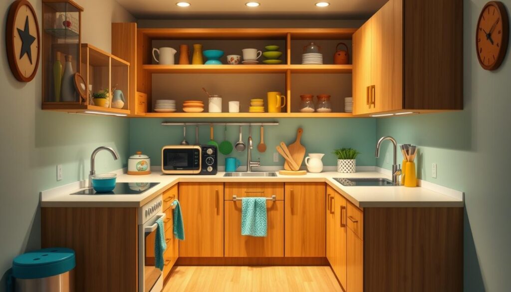A cozy and well-organized small kitchen in the Toca Boca style. Warm wooden cabinets and shelves line the walls, with carefully curated kitchen tools and décor neatly arranged. Subtle lighting casts a soft glow, illuminating the clean, minimalist aesthetic. Vibrant, playful colors accent the space, with pops of blue, green, and yellow. Sleek, ergonomic appliances seamlessly integrate into the design. The room's layout is efficient and practical, showcasing smart storage solutions and clever use of limited space. An atmosphere of whimsical functionality pervades, inspiring creativity and culinary exploration. A cozy and well-organized small kitchen in the Toca Boca style. Warm wooden cabinets and shelves line the walls, with carefully curated kitchen tools and décor neatly arranged. Subtle lighting casts a soft glow, illuminating the clean, minimalist aesthetic. Vibrant, playful colors accent the space, with pops of blue, green, and yellow. Sleek, ergonomic appliances seamlessly integrate into the design. The room's layout is efficient and practical, showcasing smart storage solutions and clever use of limited space. An atmosphere of whimsical functionality pervades, inspiring creativity and culinary exploration.
