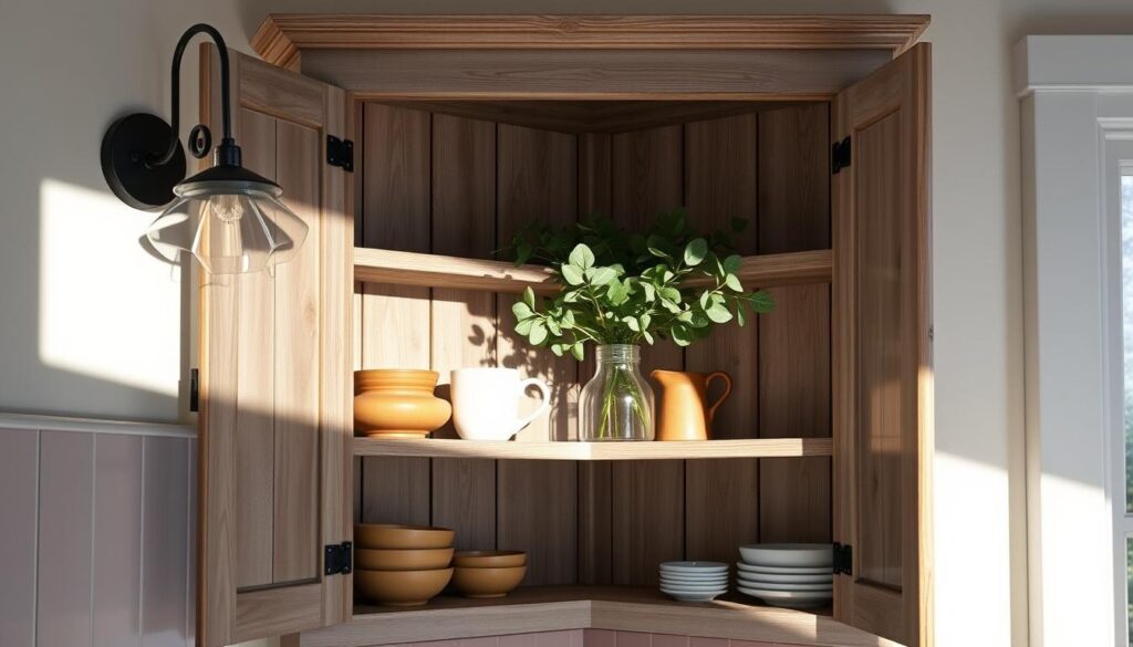 A cozy corner cabinet setup with a rustic farmhouse charm. The frame is made of weathered wood planks, with a distressed finish that adds character. Inside, simple yet functional shelves display an assortment of kitchen essentials - ceramic mugs, wooden bowls, and a vintage-inspired vase holding fresh greenery. The cabinet is positioned in a sunny nook, softly illuminated by a pair of wrought-iron sconces that cast a warm, ambient glow. The overall composition conveys a sense of practicality and timeless style, offering a budget-friendly solution for small kitchen corner storage. A cozy corner cabinet setup with a rustic farmhouse charm. The frame is made of weathered wood planks, with a distressed finish that adds character. Inside, simple yet functional shelves display an assortment of kitchen essentials - ceramic mugs, wooden bowls, and a vintage-inspired vase holding fresh greenery. The cabinet is positioned in a sunny nook, softly illuminated by a pair of wrought-iron sconces that cast a warm, ambient glow. The overall composition conveys a sense of practicality and timeless style, offering a budget-friendly solution for small kitchen corner storage.
