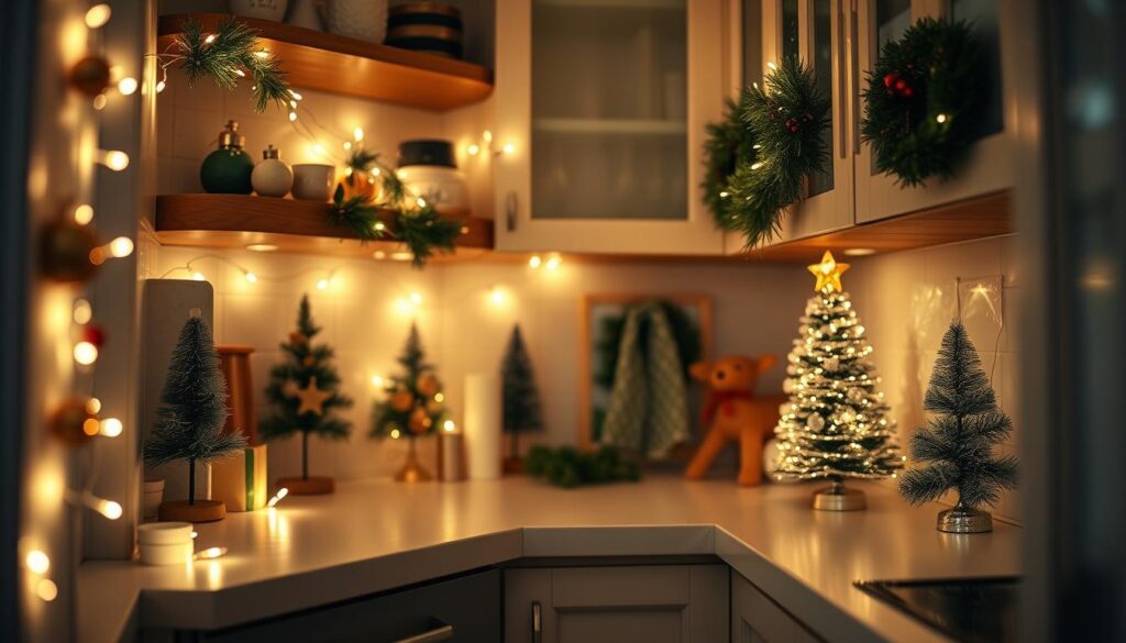 A cozy kitchen corner filled with the warm glow of string lights, delicate ornaments, and miniature Christmas trees. Soft lighting casts a festive ambiance, with fairy lights draped along the shelves and cabinets. Tiny wreaths and sprigs of holly add pops of green, while metallic accents reflect the light. The scene is captured from a low angle, emphasizing the intimate scale and creating a sense of holiday cheer in a small space. Muted tones and a shallow depth of field focus the viewer's attention on the charming details of this compact Christmas display.