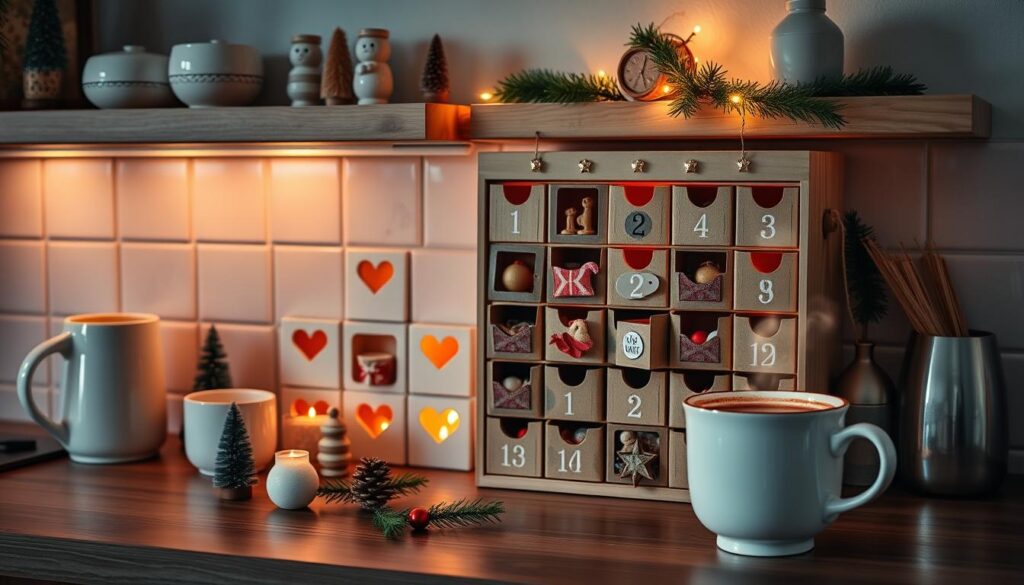 A cozy kitchen counter adorned with a handcrafted advent calendar, its compartments brimming with small treats and trinkets. Warm, soft lighting casts a inviting glow, complemented by the natural textures of wooden shelves and ceramic mugs. Miniature holiday figurines and a sprig of evergreen add festive cheer, while a steaming mug of hot cocoa sits nearby, ready to be savored. The scene exudes a sense of hygge, perfect for the intimate setting of a small kitchen celebrating the advent season.