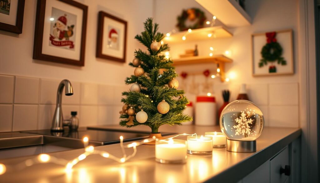 A cozy kitchen counter adorned with a miniature Christmas tree, glittering ornaments, and a string of warm fairy lights. In the foreground, a row of festive candles and a small snow globe reflecting the twinkling lights. On the walls, framed holiday artwork and a sprig of mistletoe create a sense of whimsical cheer. The lighting is soft and inviting, casting a gentle glow throughout the intimate space. The scene is captured from a low, slightly angled perspective, emphasizing the compact and charming nature of the holiday decor.