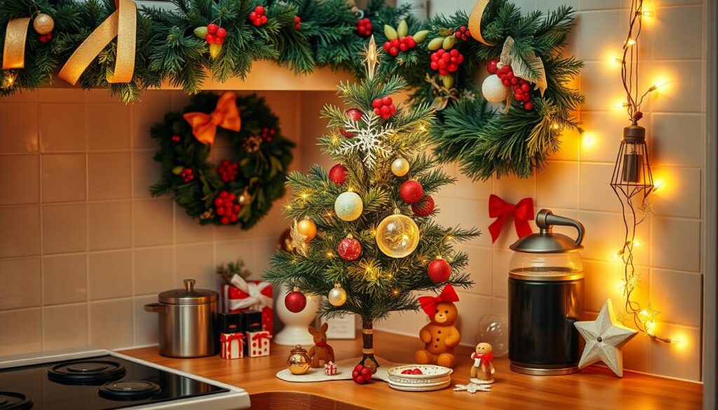 A cozy kitchen counter adorned with a miniature Christmas tree, its branches dripping with sparkling ornaments and twinkling fairy lights. Festive garlands and wreaths frame the scene, their vibrant greenery accented by red berries and golden ribbons. Charming holiday-themed accents, such as gingerbread figurines and ceramic snowflakes, lend a whimsical touch, while the warm, golden glow of a nearby string of lights creates a inviting, intimate atmosphere. The overall composition evokes a sense of warmth, joy, and the delightful anticipation of the holiday season in a compact, harmonious display.