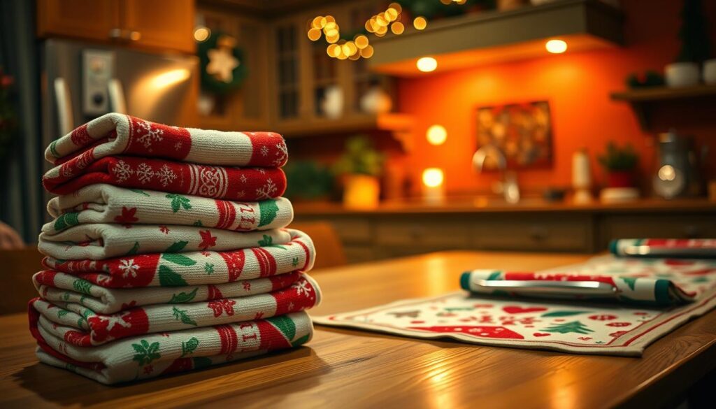 A cozy kitchen in warm, festive lighting. In the foreground, a stack of plush, holiday-themed kitchen towels in red, green, and white, adorned with intricate patterns and motifs like snowflakes, holly leaves, and Christmas trees. Placed alongside them, a set of matching table linens - a runner, placemats, and napkins - creating a cohesive, cheerful display. The middle ground features a wooden kitchen counter or table, with a gentle glow from a candle or fairy lights. In the background, the kitchen walls are painted in a rich, earthy tone, adding depth and coziness to the scene. The overall mood is inviting, festive, and ready to welcome the holiday season.