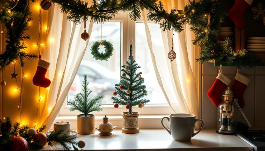 A cozy kitchen nook adorned with twinkling fairy lights, a small Christmas tree perched on the windowsill, and delicate ornaments hanging from the curtain rod. Soft, warm lighting casts a festive glow, highlighting the intricate details of handmade evergreen garlands and sprigs of holly. Miniature stockings and a tiny nutcracker figurine add charming seasonal accents, while a steaming mug of hot cocoa sits on the sill, inviting you to pause and savor the moment. The scene captures the essence of a intimate, inviting space that celebrates the magic of the holidays.