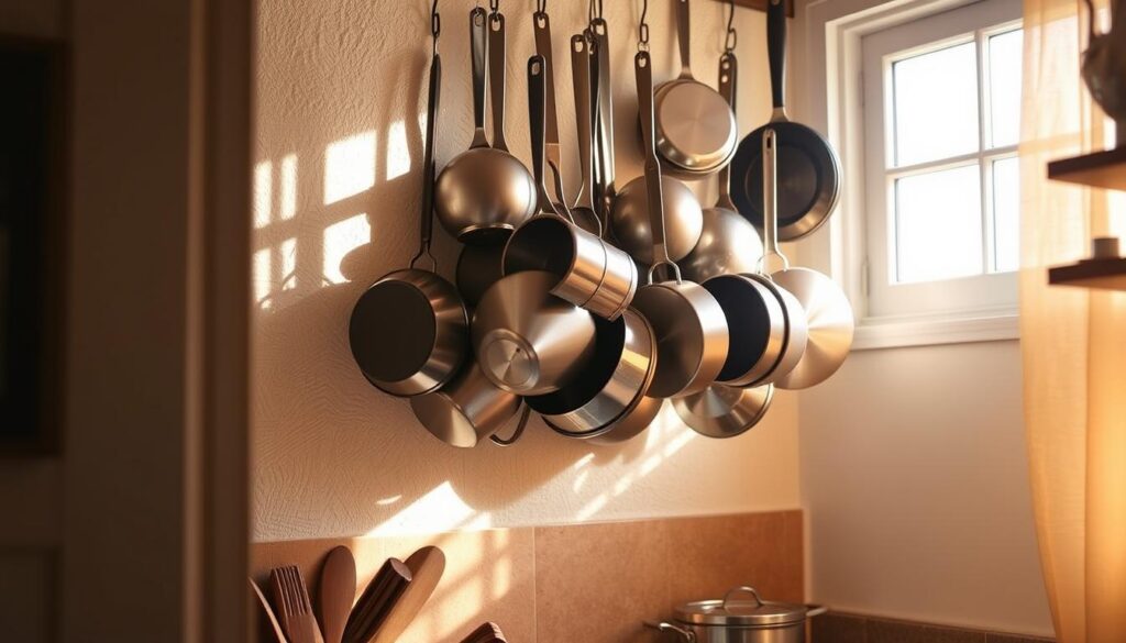 A cozy kitchen nook with an array of hanging pots and pans, illuminated by warm, natural light filtering through a nearby window. The metal cookware, in a variety of shapes and sizes, is artfully arranged in a visually appealing cluster, casting gentle shadows on the textured wall surface. The overall scene exudes a sense of organization, functionality, and a touch of rustic charm, perfectly complementing the "Hang Pots and Pans" section of the article on small kitchen food storage ideas.