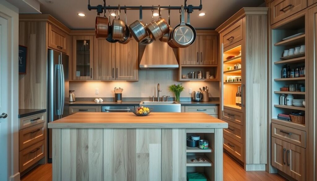 A cozy kitchen with a multifunctional island, its sleek wooden surface doubling as a prep area and breakfast bar. Overhead, a rack of hanging pots and pans, their copper and stainless steel gleaming under warm, diffused lighting. Clever storage solutions abound - a pullout pantry, sliding drawers, and a recessed spice rack seamlessly integrated into the cabinetry. The overall atmosphere is one of effortless organization and functionality, perfectly capturing the "Integrate Multi-Functional Furniture" theme.