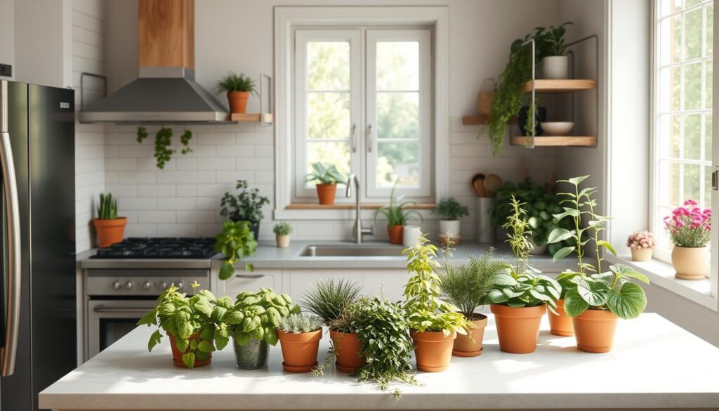 A cozy kitchen with natural light streaming through large windows, illuminating a well-designed space filled with lush green plants. A central island or counter showcases a variety of potted herbs, succulents, and flowering plants, seamlessly integrated into the kitchen's decor. The plants are arranged in an aesthetically pleasing manner, complementing the kitchen's neutral color palette and clean, modern lines. The scene exudes a sense of tranquility and brings the outdoors in, creating a harmonious and inviting atmosphere perfect for small-space cooking and dining. A cozy kitchen with natural light streaming through large windows, illuminating a well-designed space filled with lush green plants. A central island or counter showcases a variety of potted herbs, succulents, and flowering plants, seamlessly integrated into the kitchen's decor. The plants are arranged in an aesthetically pleasing manner, complementing the kitchen's neutral color palette and clean, modern lines. The scene exudes a sense of tranquility and brings the outdoors in, creating a harmonious and inviting atmosphere perfect for small-space cooking and dining.