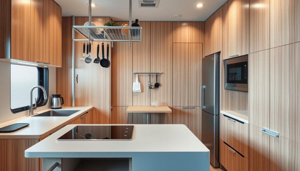 A cozy, modern kitchen with sleek, space-saving furniture. In the foreground, a streamlined, multi-functional island with built-in storage and a compact cooktop. Overhead, a minimalist suspended rack holds various kitchen tools. The middle ground features a wall-mounted, fold-down table attached to the cabinetry, offering a discreet dining or workstation. The background showcases floor-to-ceiling, soft-close cabinets in a warm, natural wood tone, providing ample storage without overwhelming the space. Soft, diffused lighting creates a serene, functional atmosphere. The entire scene is captured with a wide-angle lens, emphasizing the clever use of every inch of the compact kitchen. A cozy, modern kitchen with sleek, space-saving furniture. In the foreground, a streamlined, multi-functional island with built-in storage and a compact cooktop. Overhead, a minimalist suspended rack holds various kitchen tools. The middle ground features a wall-mounted, fold-down table attached to the cabinetry, offering a discreet dining or workstation. The background showcases floor-to-ceiling, soft-close cabinets in a warm, natural wood tone, providing ample storage without overwhelming the space. Soft, diffused lighting creates a serene, functional atmosphere. The entire scene is captured with a wide-angle lens, emphasizing the clever use of every inch of the compact kitchen.