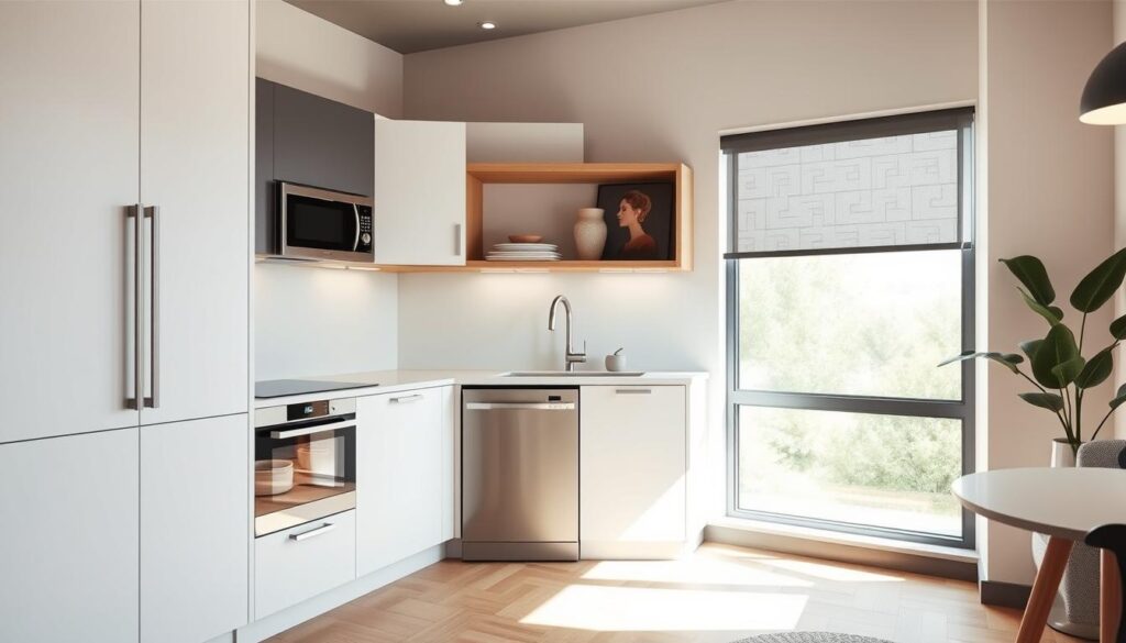 A cozy, modern one-wall kitchen with innovative appliances. The foreground showcases a sleek built-in oven and a compact induction cooktop, seamlessly integrated into the minimalist white cabinetry. In the middle ground, a slim, wall-mounted microwave and a discreet, hidden-away dishwasher create a clutter-free, efficient layout. The background features a large window that floods the space with natural light, illuminating the modern, muted color palette and the clever use of open shelving for displaying decorative accents. Soft, diffused lighting accentuates the clean lines and creates a warm, inviting ambiance, perfect for a small, functional kitchen. A cozy, modern one-wall kitchen with innovative appliances. The foreground showcases a sleek built-in oven and a compact induction cooktop, seamlessly integrated into the minimalist white cabinetry. In the middle ground, a slim, wall-mounted microwave and a discreet, hidden-away dishwasher create a clutter-free, efficient layout. The background features a large window that floods the space with natural light, illuminating the modern, muted color palette and the clever use of open shelving for displaying decorative accents. Soft, diffused lighting accentuates the clean lines and creates a warm, inviting ambiance, perfect for a small, functional kitchen.