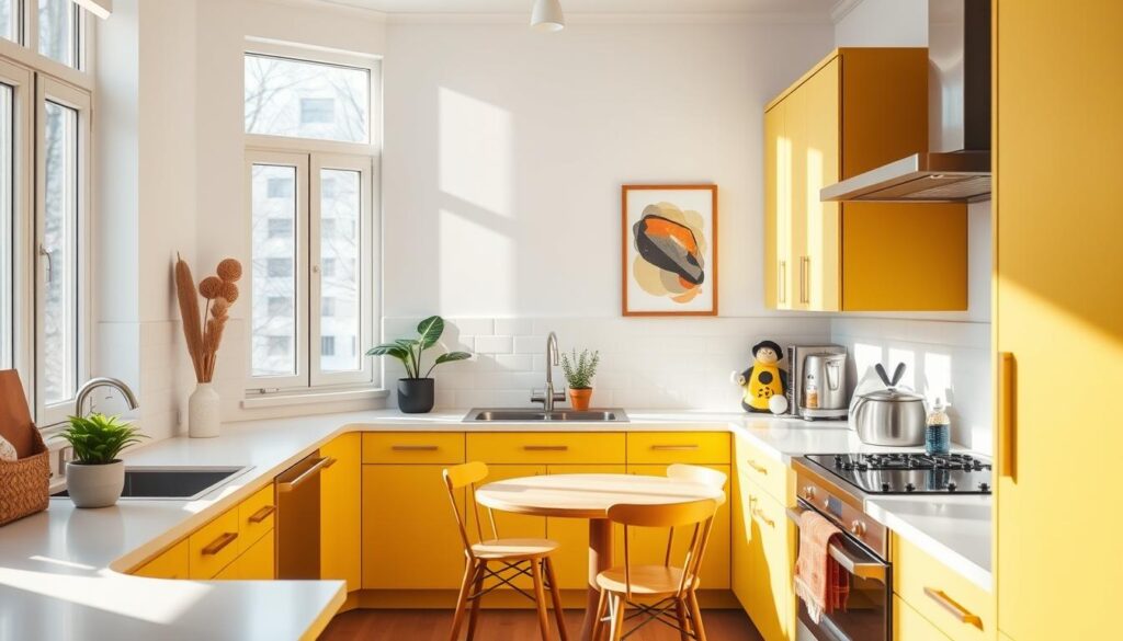 A cozy, vibrant kitchen with modern minimalist design. Sunlight streams through large windows, casting a warm glow on the cheerful yellow cabinets and white countertops. A small dining nook features a round wooden table and simple chairs, complemented by a potted plant and abstract wall art. Sleek stainless steel appliances and a subway tile backsplash add practical elegance. Subtle pops of color in textiles and decor create a cohesive, inviting atmosphere, showcasing how smart use of space and creative styling can transform a compact kitchen. A cozy, vibrant kitchen with modern minimalist design. Sunlight streams through large windows, casting a warm glow on the cheerful yellow cabinets and white countertops. A small dining nook features a round wooden table and simple chairs, complemented by a potted plant and abstract wall art. Sleek stainless steel appliances and a subway tile backsplash add practical elegance. Subtle pops of color in textiles and decor create a cohesive, inviting atmosphere, showcasing how smart use of space and creative styling can transform a compact kitchen.