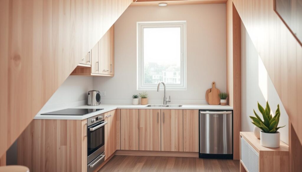 A cozy, well-designed small kitchen layout under a staircase, featuring a sleek, L-shaped arrangement with light wood cabinetry and a minimalist white countertop. The space is bathed in warm, natural light filtering through a large window, highlighting the efficient use of the compact nook. A streamlined stainless steel appliance suite complements the modern aesthetic, while a few carefully placed decorative accents, such as potted plants, add a touch of charm. The layout optimizes storage and workflow, creating a functional and visually appealing culinary workspace within the confined area beneath the stairs.
