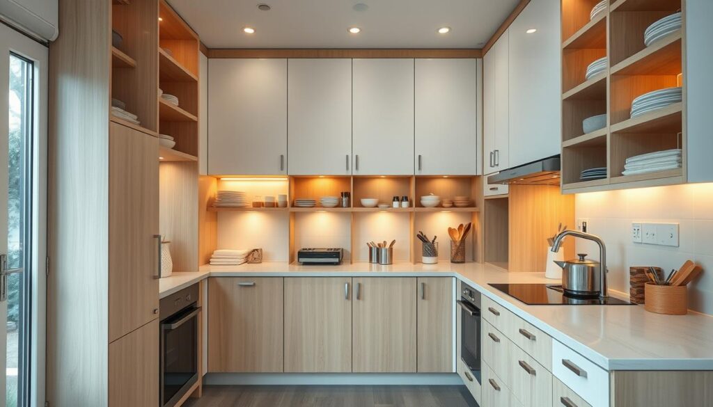 A cozy, well-organized kitchen with sleek, floor-to-ceiling cabinets that maximize vertical space. The cabinets feature adjustable shelves, pull-out drawers, and hidden compartments, allowing for efficient storage and easy access to everyday items. Warm, indirect lighting casts a soft glow, highlighting the clean, minimalist design. The kitchen has a bright, airy atmosphere, with natural light filtering in through large windows. The cabinets are crafted from a mix of light wood and matte white, creating a modern, Scandinavian-inspired aesthetic that seamlessly blends form and function. A cozy, well-organized kitchen with sleek, floor-to-ceiling cabinets that maximize vertical space. The cabinets feature adjustable shelves, pull-out drawers, and hidden compartments, allowing for efficient storage and easy access to everyday items. Warm, indirect lighting casts a soft glow, highlighting the clean, minimalist design. The kitchen has a bright, airy atmosphere, with natural light filtering in through large windows. The cabinets are crafted from a mix of light wood and matte white, creating a modern, Scandinavian-inspired aesthetic that seamlessly blends form and function.