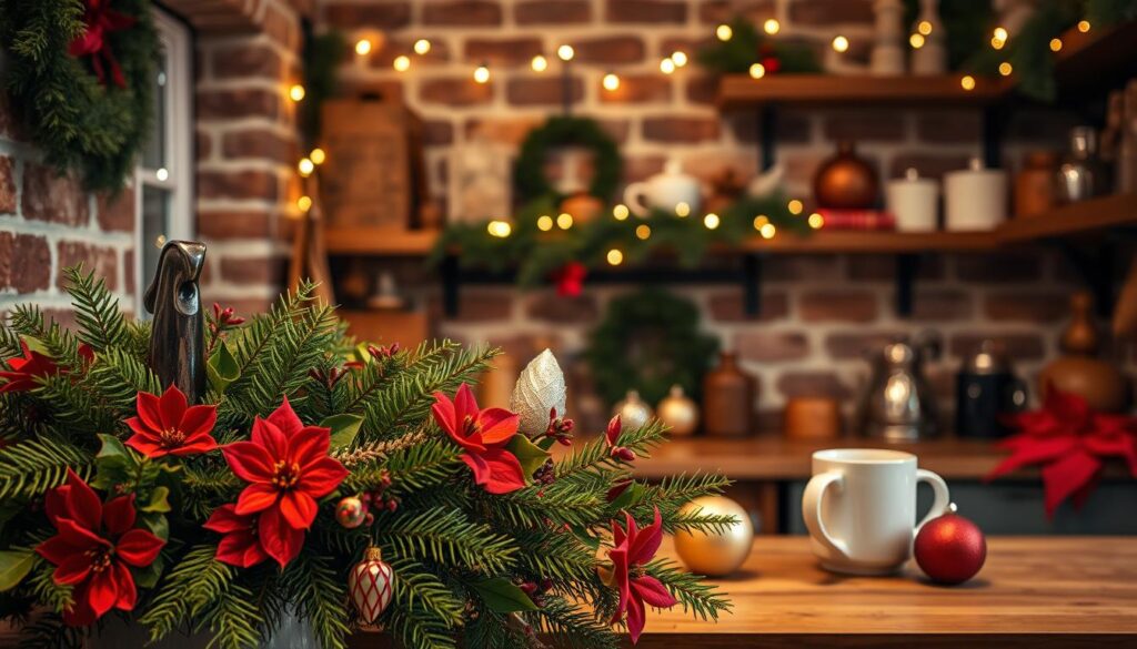 A festive small kitchen scene, bathed in warm, cozy lighting. In the foreground, a vibrant, lush arrangement of fresh evergreen sprigs, holly, and seasonal flowers, like poinsettias, cascading from a wooden countertop. In the middle ground, a vintage-inspired tea kettle and mugs, along with a few Christmas ornaments, creating a charming vignette. The background features exposed brick walls and rustic wooden shelves, adorned with twinkling string lights, casting a soft, magical glow. The overall atmosphere is one of intimate, holiday cheer, inviting the viewer to imagine sipping a hot beverage in this enchanting, festive kitchen.