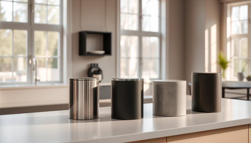 A minimalist but stylish kitchen with sleek, modern small trash cans in various muted tones and textures, such as matte black, brushed stainless steel, and smooth concrete. The cans are neatly arranged on the clean, white countertop, casting subtle shadows. The room is bathed in warm, natural light from large windows, highlighting the elegant simplicity of the design. The overall atmosphere is one of sophisticated and practical functionality, suitable for a modern, well-appointed kitchen space. A minimalist but stylish kitchen with sleek, modern small trash cans in various muted tones and textures, such as matte black, brushed stainless steel, and smooth concrete. The cans are neatly arranged on the clean, white countertop, casting subtle shadows. The room is bathed in warm, natural light from large windows, highlighting the elegant simplicity of the design. The overall atmosphere is one of sophisticated and practical functionality, suitable for a modern, well-appointed kitchen space.