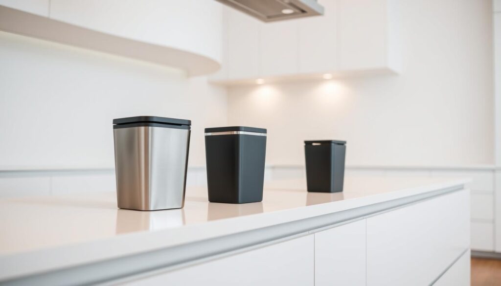 A minimalist modern kitchen interior, with a row of sleek, space-saving trash cans displayed on a clean white countertop. The cans are made of high-quality stainless steel or matte black plastic, with simple, angular designs that complement the kitchen's aesthetic. Soft, diffused lighting from above casts a warm glow, highlighting the containers' clean lines and smooth surfaces. The scene is captured from a low angle, emphasizing the cans' streamlined silhouettes and creating a sense of balance and harmony within the kitchen space. A minimalist modern kitchen interior, with a row of sleek, space-saving trash cans displayed on a clean white countertop. The cans are made of high-quality stainless steel or matte black plastic, with simple, angular designs that complement the kitchen's aesthetic. Soft, diffused lighting from above casts a warm glow, highlighting the containers' clean lines and smooth surfaces. The scene is captured from a low angle, emphasizing the cans' streamlined silhouettes and creating a sense of balance and harmony within the kitchen space.