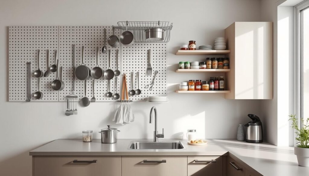A minimalist, well-organized kitchen with sleek, space-saving storage solutions. A wall-mounted pegboard system displays an array of neatly arranged pots, pans, and utensils. Integrated shelving units blend seamlessly into the cabinetry, offering ample storage for spices, jars, and small appliances. A retractable, expandable drying rack hangs above the sink, maximizing vertical space. The kitchen is bathed in soft, natural lighting, creating a serene, efficient atmosphere. Rendered in a muted color palette, the scene conveys a sense of intentional, clutter-free design.