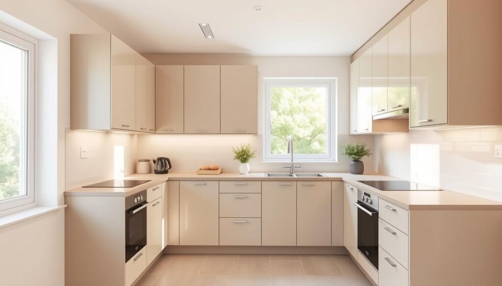 A modern, compact one-wall kitchen design with sleek, minimalist cabinets in a soft, muted color palette. The kitchen features a clean, uncluttered layout with integrated appliances, a compact countertop, and a bright, airy feel. The backsplash is a simple, neutral tile that complements the overall aesthetic. Gentle, diffused natural lighting filters in through a large window, casting a warm, inviting glow over the space. The kitchen's efficient, streamlined design showcases how a one-wall layout can maximize functionality in a small space. A modern, compact one-wall kitchen design with sleek, minimalist cabinets in a soft, muted color palette. The kitchen features a clean, uncluttered layout with integrated appliances, a compact countertop, and a bright, airy feel. The backsplash is a simple, neutral tile that complements the overall aesthetic. Gentle, diffused natural lighting filters in through a large window, casting a warm, inviting glow over the space. The kitchen's efficient, streamlined design showcases how a one-wall layout can maximize functionality in a small space.