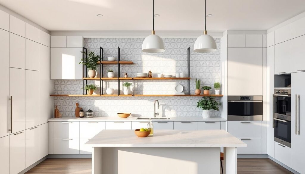 A modern kitchen with a clever use of wall space and vertical decor. The room is filled with natural light, casting a warm glow on the sleek, minimalist cabinetry and pendant lights. A large, geometric shelf unit dominates the middle ground, displaying artfully arranged plants, ceramics, and small decorative items. The backsplash features a striking geometric tile pattern that complements the overall design. In the foreground, a compact kitchen island serves as a functional and stylish centerpiece, with a simple yet elegant marble countertop and bar stools. The color palette is a harmonious blend of whites, grays, and natural wood tones, creating a serene and sophisticated atmosphere.
