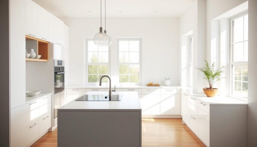 A modern, minimalist kitchen with a sleek, multi-functional island unit. The island features a built-in cooktop, sink, and ample storage space, allowing for efficient meal preparation and cleanup. Crisp, white cabinets and countertops create a bright, airy atmosphere, while pendant lights provide a warm, ambient glow. The room is bathed in natural light streaming through large windows, accentuating the clean, contemporary design. Subtle pops of color, such as a vibrant fruit bowl or a potted plant, add a touch of liveliness to the space. The overall composition captures the essence of a small, budget-friendly kitchen that maximizes functionality and style. A modern, minimalist kitchen with a sleek, multi-functional island unit. The island features a built-in cooktop, sink, and ample storage space, allowing for efficient meal preparation and cleanup. Crisp, white cabinets and countertops create a bright, airy atmosphere, while pendant lights provide a warm, ambient glow. The room is bathed in natural light streaming through large windows, accentuating the clean, contemporary design. Subtle pops of color, such as a vibrant fruit bowl or a potted plant, add a touch of liveliness to the space. The overall composition captures the essence of a small, budget-friendly kitchen that maximizes functionality and style.