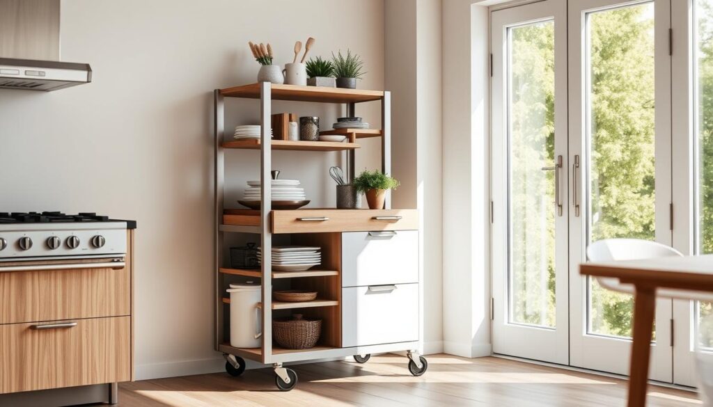 A modern, well-lit kitchen with a stylish kitchen cart serving as a versatile storage solution. The cart features multiple shelves and drawers, allowing for efficient organization and easy access to cooking essentials. The sleek, minimalist design complements the kitchen's contemporary aesthetic, with a mix of wood and metal accents. Bright natural lighting from large windows illuminates the scene, casting a warm, inviting glow. The cart is strategically placed near the stove, creating a functional workflow for meal preparation. Subtle decorative elements, such as potted plants or a decorative tray, add a touch of personal style to the practical storage solution.