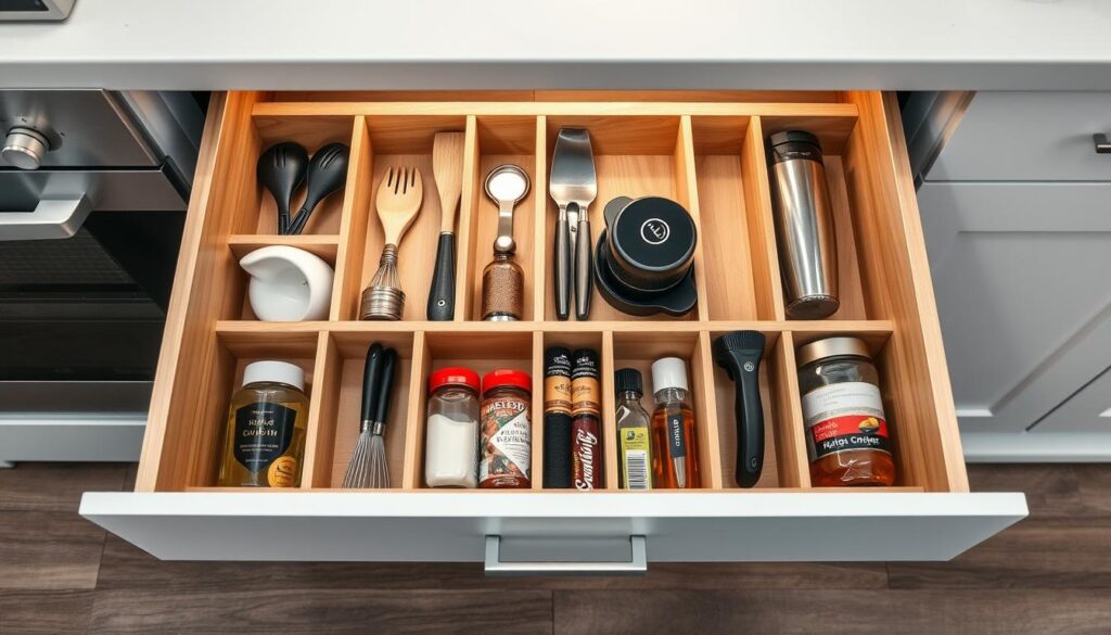 A neatly organized kitchen drawer with custom-made wooden dividers, elegantly arranged to showcase various kitchen utensils, spices, and small appliances. The dividers are crafted with a natural wood grain texture, providing a warm and rustic aesthetic that complements the minimalist kitchen cabinetry. Soft, diffused lighting from above casts a gentle glow, highlighting the clean lines and efficient organization of the drawer's contents. The camera angle is slightly elevated, capturing the drawer's tidy layout from an optimal perspective that emphasizes the practical and aesthetically pleasing nature of this kitchen organization solution. A neatly organized kitchen drawer with custom-made wooden dividers, elegantly arranged to showcase various kitchen utensils, spices, and small appliances. The dividers are crafted with a natural wood grain texture, providing a warm and rustic aesthetic that complements the minimalist kitchen cabinetry. Soft, diffused lighting from above casts a gentle glow, highlighting the clean lines and efficient organization of the drawer's contents. The camera angle is slightly elevated, capturing the drawer's tidy layout from an optimal perspective that emphasizes the practical and aesthetically pleasing nature of this kitchen organization solution.