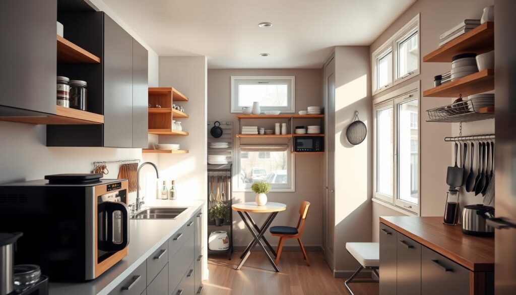 A neatly organized kitchen interior, bathed in warm, natural lighting from large windows. In the foreground, sleek, compact appliances and cooking tools are strategically placed, maximizing counter and cabinet space. Muted tones of gray, white, and wood accents create a modern, minimalist aesthetic. The middle ground showcases clever storage solutions, such as pullout shelves, stackable containers, and wall-mounted racks. In the background, a small dining nook with a space-saving table and folding chairs. An overall atmosphere of efficiency, organization, and thoughtful design to make the most of a compact kitchen. A neatly organized kitchen interior, bathed in warm, natural lighting from large windows. In the foreground, sleek, compact appliances and cooking tools are strategically placed, maximizing counter and cabinet space. Muted tones of gray, white, and wood accents create a modern, minimalist aesthetic. The middle ground showcases clever storage solutions, such as pullout shelves, stackable containers, and wall-mounted racks. In the background, a small dining nook with a space-saving table and folding chairs. An overall atmosphere of efficiency, organization, and thoughtful design to make the most of a compact kitchen.