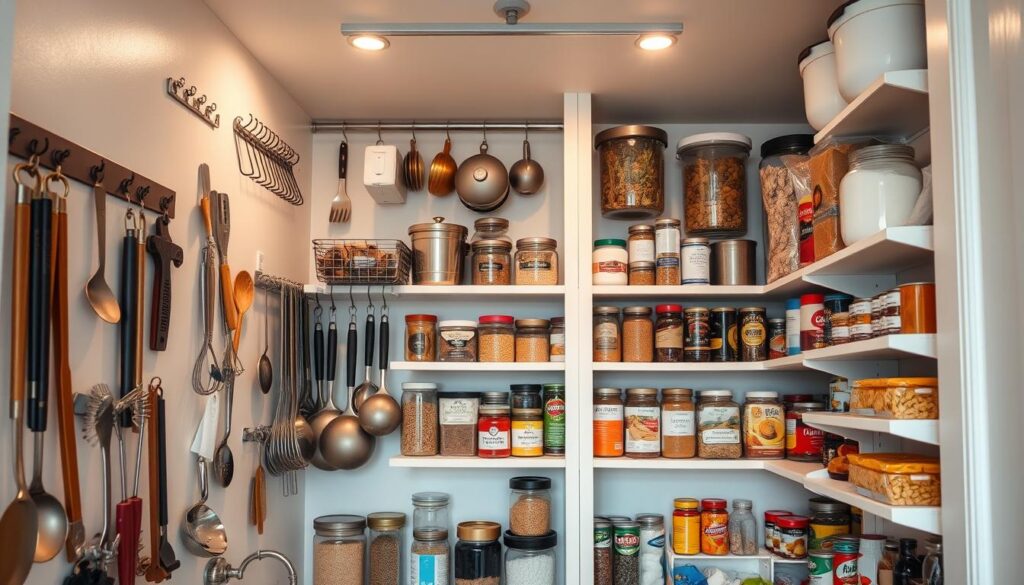 A neatly organized pantry with an array of hooks and rails adorning the walls, displaying a variety of kitchen tools, utensils, and storage containers. The shelves are stocked with an assortment of dry goods, spices, and canned items, all arranged in a visually pleasing manner. Overhead lighting casts a warm, inviting glow, accentuating the clean, minimalist design. The scene conveys a sense of efficiency and culinary inspiration, perfectly suited for a small kitchen space.