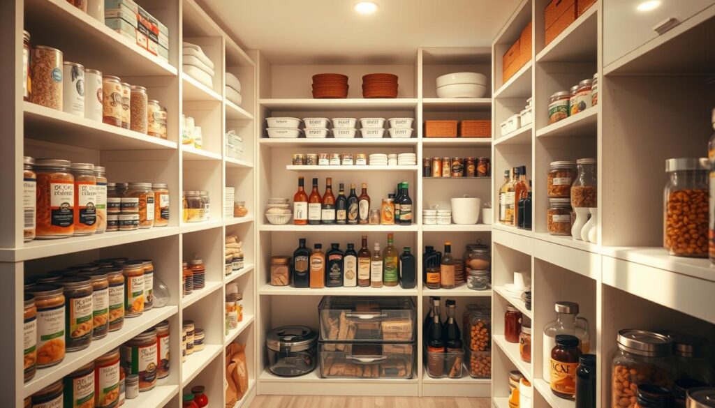 A neatly organized pantry zone with sleek, minimalist shelving and storage containers. Warm, natural lighting filters through the space, casting a cozy glow. In the foreground, various dry goods and canned items are meticulously arranged, labels facing outward. The middle ground showcases a selection of spices, oils, and frequently used items within easy reach. In the background, a combination of open and closed storage solutions create a visually pleasing and efficient layout. The overall atmosphere is one of calm, order, and a well-curated kitchen space.