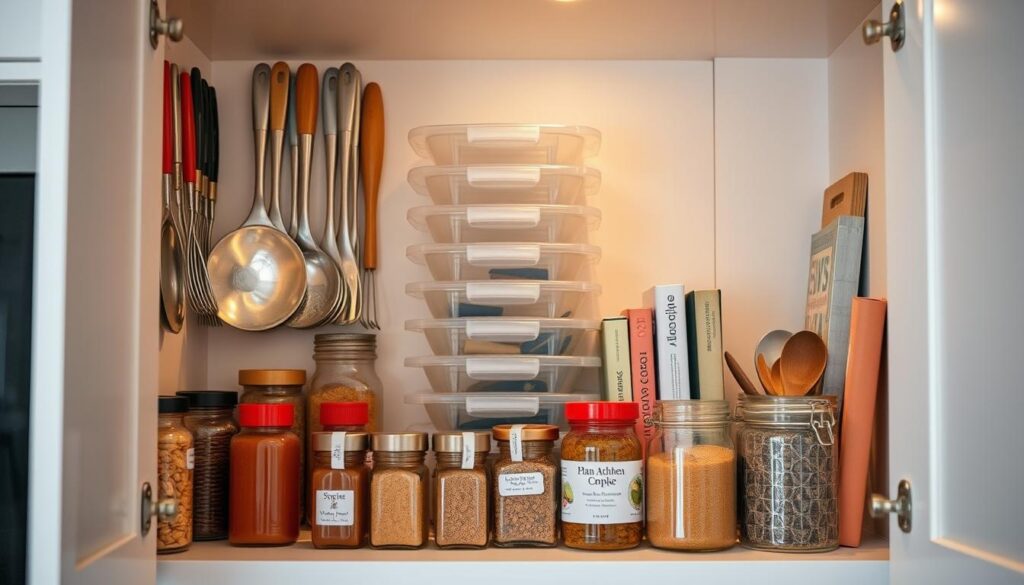 A neatly organized small kitchen cabinet interior, with various kitchen items expertly grouped and displayed. Soft, warm lighting illuminates the scene, creating a cozy and inviting atmosphere. The foreground showcases a variety of spice jars, cooking utensils, and other small accessories, all carefully arranged for easy access. The middle ground features stacked plastic containers, labeled neatly, and a few cookbooks tucked away. The background showcases clean, minimalist white cabinetry, creating a sense of order and simplicity. The overall composition emphasizes the efficiency and visual appeal of a well-designed small kitchen storage solution. A neatly organized small kitchen cabinet interior, with various kitchen items expertly grouped and displayed. Soft, warm lighting illuminates the scene, creating a cozy and inviting atmosphere. The foreground showcases a variety of spice jars, cooking utensils, and other small accessories, all carefully arranged for easy access. The middle ground features stacked plastic containers, labeled neatly, and a few cookbooks tucked away. The background showcases clean, minimalist white cabinetry, creating a sense of order and simplicity. The overall composition emphasizes the efficiency and visual appeal of a well-designed small kitchen storage solution.