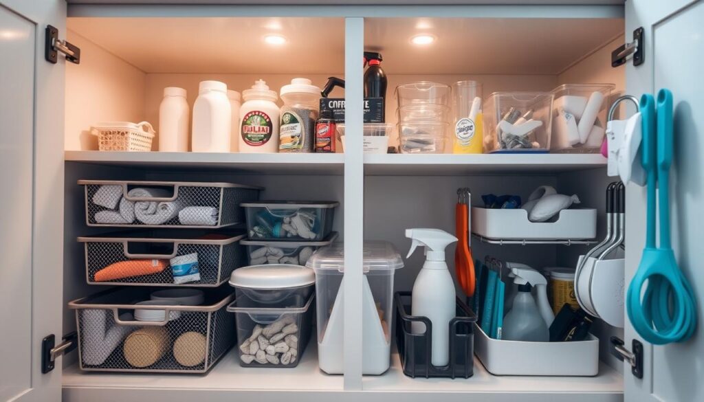 A neatly organized under-sink cabinet with various storage solutions, including wire mesh drawers, stacking bins, and hanging organizers. The cabinet is well-lit, with soft, diffused lighting highlighting the efficient use of space. The arrangement showcases a variety of cleaning supplies, kitchen tools, and other essentials, all within easy reach. The overall mood is one of calm, efficient organization, reflecting the section's focus on maximizing the potential of this often-overlooked storage area. A neatly organized under-sink cabinet with various storage solutions, including wire mesh drawers, stacking bins, and hanging organizers. The cabinet is well-lit, with soft, diffused lighting highlighting the efficient use of space. The arrangement showcases a variety of cleaning supplies, kitchen tools, and other essentials, all within easy reach. The overall mood is one of calm, efficient organization, reflecting the section's focus on maximizing the potential of this often-overlooked storage area.