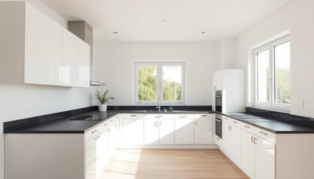 A pristine, well-lit kitchen with clean, minimalist styling. Sleek, white cabinets line the walls, complemented by a simple, black countertop that spans the length of the space. Sparse, modern decor adorns the countertop, including a potted plant and a single, geometric vase. Soft, natural lighting floods the room through large windows, casting a warm, serene ambiance. The floor is a smooth, light-colored wood, adding to the overall sense of simplicity and elegance. A monochromatic color palette of whites, grays, and blacks creates a harmonious, calming atmosphere, embodying the essence of minimalist kitchen styling.