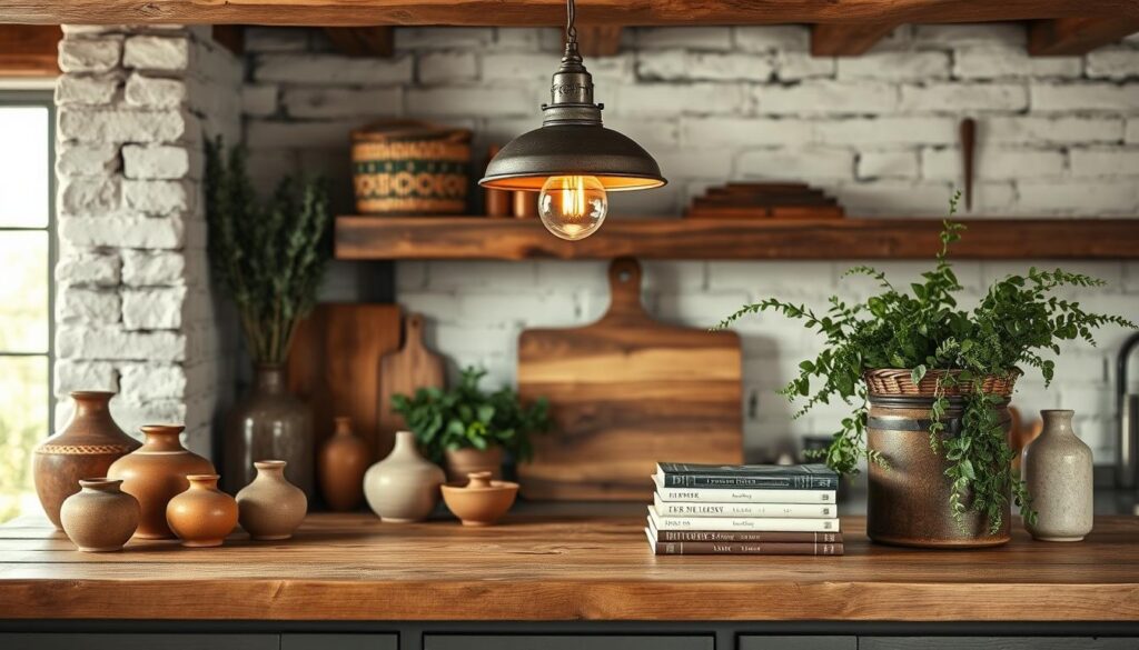 A rustic farmhouse kitchen counter, adorned with a weathered wooden surface and distressed metal accents. In the foreground, a collection of earthy ceramic vessels, woven baskets, and lush greenery create a warm, inviting display. Overhead, a vintage-inspired pendant light casts a soft, amber glow, illuminating the scene. The middle ground features a worn, antique-style cutting board and a stack of well-loved cookbooks, hinting at the culinary delights this space has seen. In the background, a whitewashed brick wall and a glimpse of a weathered wooden beam add to the cozy, time-worn aesthetic. The overall atmosphere is one of rustic charm and effortless elegance, perfectly capturing the essence of a authentic farmhouse kitchen.