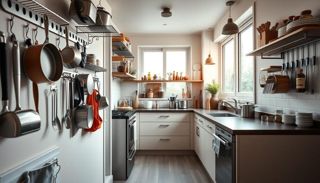 A small, cozy kitchen with ample storage solutions. The foreground features various hooks and racks adorning the walls, perfectly arranged to hold an array of kitchen essentials like pots, pans, utensils, and spice jars. The middle ground showcases a minimalist, well-organized layout with sleek cabinetry and drawers, maximizing every inch of space. The background depicts a bright, airy atmosphere with natural light flooding through large windows, creating a warm and inviting ambiance. The image captures the essence of a kitchen that effortlessly combines functionality and aesthetic appeal, showcasing innovative ways to optimize storage in a compact space.