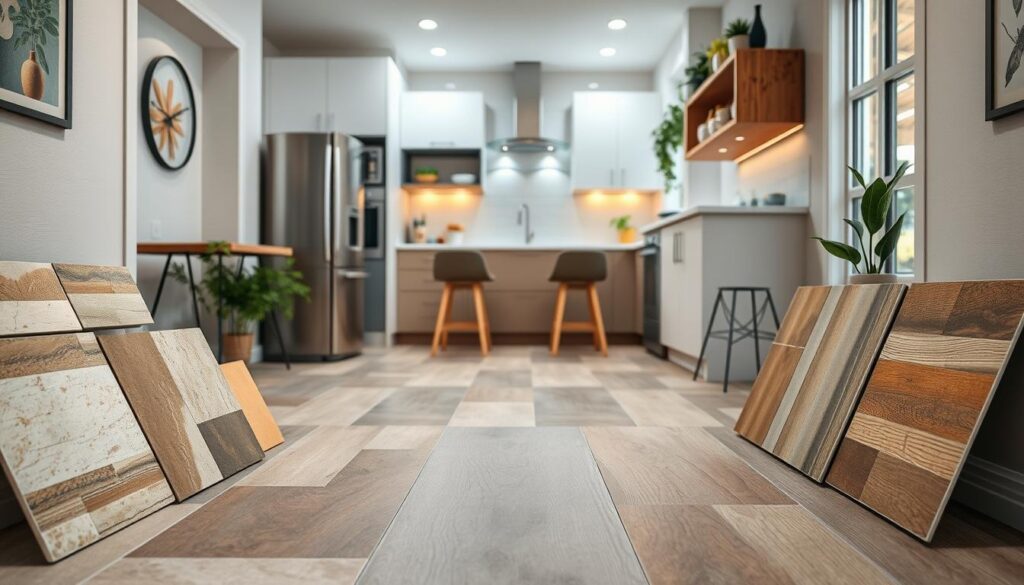 A small, well-lit kitchen with a variety of contemporary flooring options displayed. The foreground features a range of tile samples in muted earth tones, with natural stone and wood-look options visible. The middle ground showcases a clean, minimalist kitchen design with sleek cabinets and appliances, allowing the flooring to take center stage. The background suggests a cozy, inviting atmosphere with soft lighting and a hint of natural greenery, creating a harmonious and visually appealing setting that highlights the small-space flooring solutions. A small, well-lit kitchen with a variety of contemporary flooring options displayed. The foreground features a range of tile samples in muted earth tones, with natural stone and wood-look options visible. The middle ground showcases a clean, minimalist kitchen design with sleek cabinets and appliances, allowing the flooring to take center stage. The background suggests a cozy, inviting atmosphere with soft lighting and a hint of natural greenery, creating a harmonious and visually appealing setting that highlights the small-space flooring solutions.