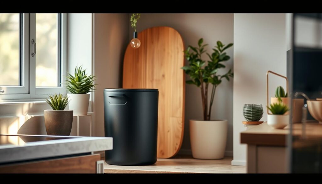 A stylish and compact kitchen trash can in a modern minimalist design, featuring sleek matte black metal construction and a simple yet elegant silhouette. The bin is positioned in a cozy, well-lit corner of a small kitchen, with soft, diffused lighting from a nearby window casting a warm glow. The bin is complemented by natural wood accents and a few potted plants, creating a harmonious, organic aesthetic. The composition emphasizes the functional yet visually appealing nature of the trash can, making it a seamless and attractive addition to the compact kitchen space. A stylish and compact kitchen trash can in a modern minimalist design, featuring sleek matte black metal construction and a simple yet elegant silhouette. The bin is positioned in a cozy, well-lit corner of a small kitchen, with soft, diffused lighting from a nearby window casting a warm glow. The bin is complemented by natural wood accents and a few potted plants, creating a harmonious, organic aesthetic. The composition emphasizes the functional yet visually appealing nature of the trash can, making it a seamless and attractive addition to the compact kitchen space.